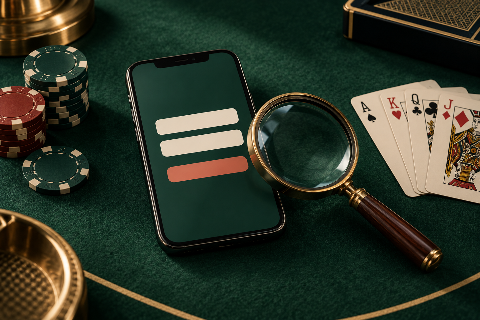 Layar masuk netral, kaca pembesar, kartu, dan cip casino