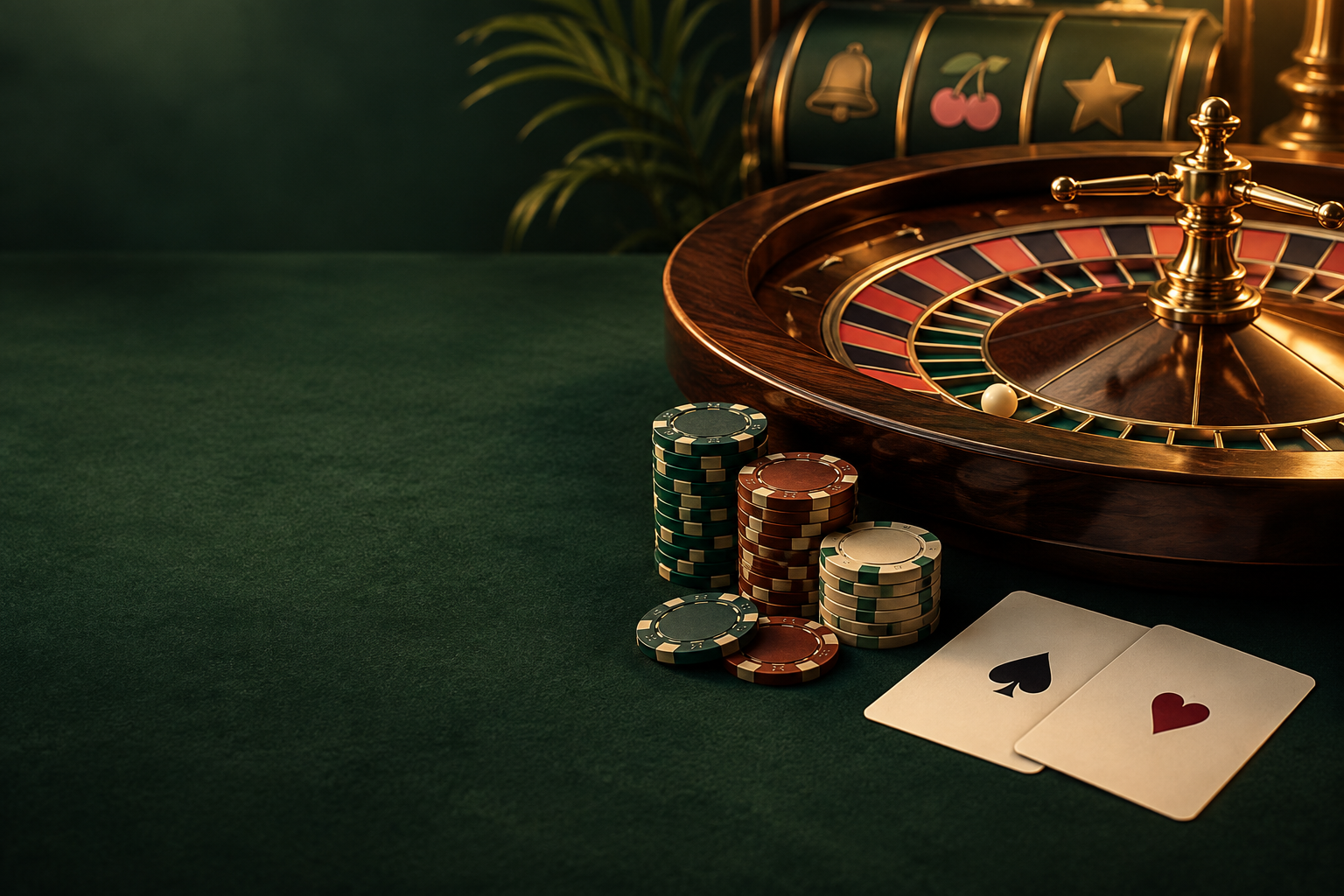 Roda roulette, kartu, dan cip di meja casino bernuansa tembaga