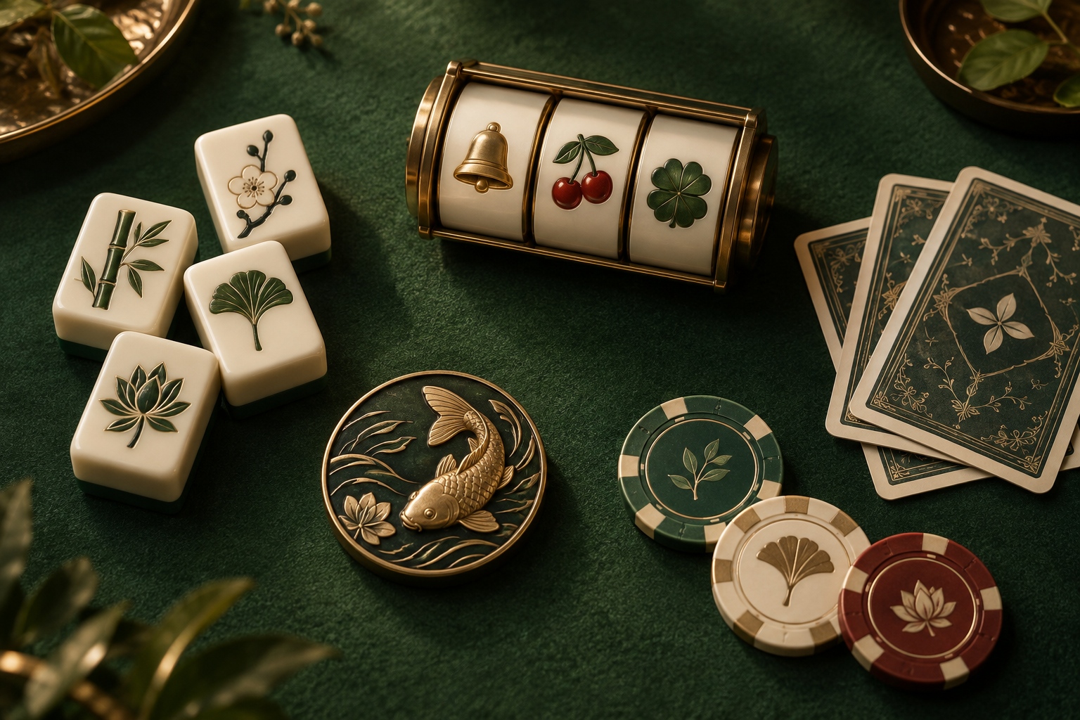 Ubin mahjong, gulungan slot, kartu, dan cip di meja casino