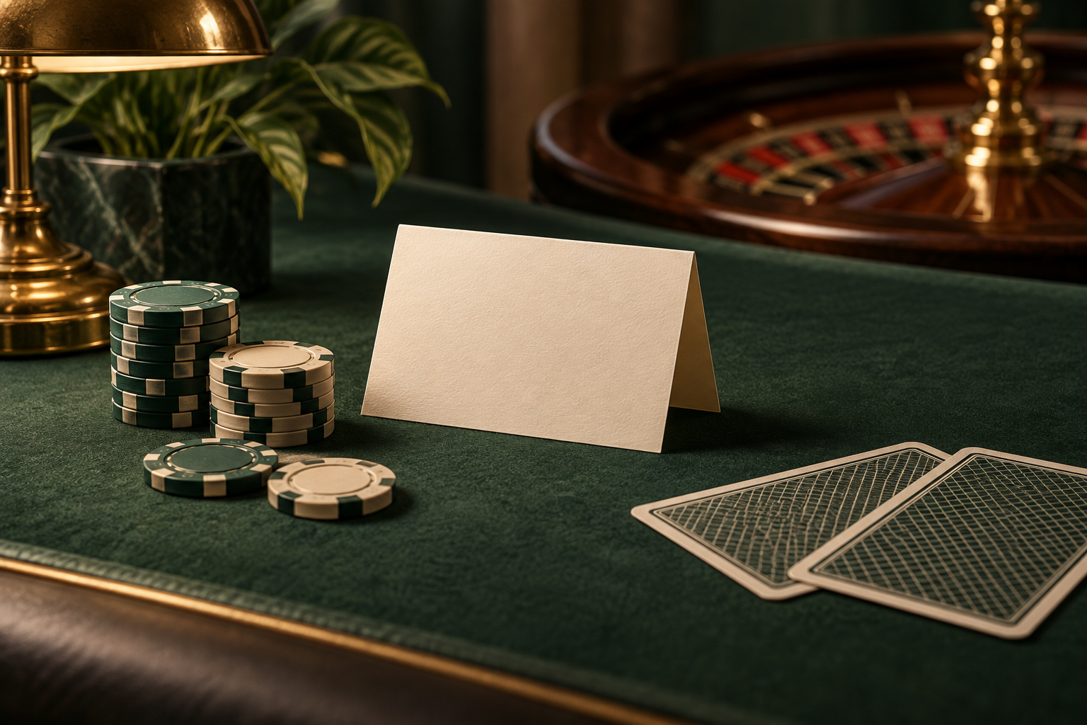 Dokumen ketentuan di samping kartu dan cip di meja casino